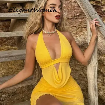 Seksi İki Parçalı Elbise Setleri Gece Kulübü Kıyafetleri Kadınlar İçin Sarı V Yaka Backless Halter Mahsul Tops Ve Bölünmüş Mini Etek Yaz Takım Elbise