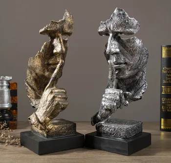 Sessizlik Altın İnsan Yüzü Reçine Figürler Süsler Ofis çalışma masası Dekorasyon Gümüş Heykelciği El Sanatları Amerikan Ev Dekor
