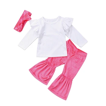 Sevimli Bebek Kız Giysileri Setleri Çocuklar İçin 2017 Sonbahar Uzun Kollu Üst + Çan dipleri + Kafa Bandı 3 adet Toddler Kız Bebek Takım Elbise 0-4 T