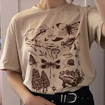 Sevimli Cottagecore Estetik Kurbağa Mantar Baskı Gömlek Yaz Moda Kadın Sokak Tişörtleri Casual Pamuk Kısa Kollu Grafik Tops