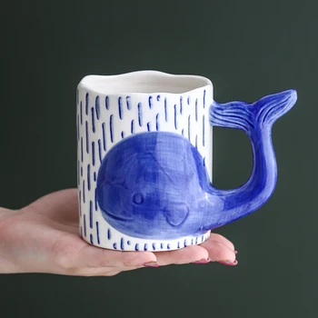 Sevimli El Boyalı Yunus Kupalar Mavi Yeşil Karikatür Seramik çiftler için kupa Büyük Kapasiteli Fincan Kahve Çay Süt Su Doğum Günü Hediyeleri