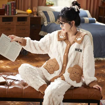 Sevimli Güzel Pijama Kadınlar İçin Kawaii Ev Elbise Tatlı Teslim Aşağı Yaka Pijama Mercan Polar Pijama Kış Loungewear Setleri 