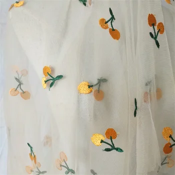 Sevimli Kiraz İşlemeli Net İplik Örgü Dantel Kumaş DIY Bebek Etek Çocuk Elbise Dikiş Malzemesi V2960