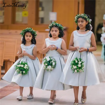 Sevimli Mavi Saten Çiçek Kız Elbise Düğün İçin 2022 Resmi Prenses Küçük Bebek Elbise Çocuk Doğum Günü Elbise İlk Communion Abiye