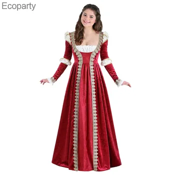 Sevimli kadın Prenses Elbise Cadılar Bayramı Kırmızı Kraliçe Kral Cosplay Kostüm Kadın Retro Dantel Dikiş Dantel Mahkemesi Uzun Elbiseler