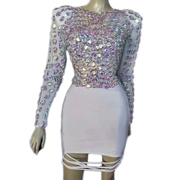 Shining Kristaller mesh See Through Kısa Elbise Kadın Doğum Günü Ünlü Parti Elbiseler Gece Kulübü Kıyafet Şarkıcı Performans Kostüm