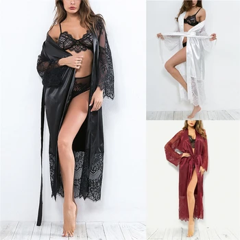Siyah Dantel Gecelik uzun elbise Kadınlar İçin pijama Düğün Misafirler İç Çamaşırı Seksi Saten Gecelik Kemer Elbiseler Pijama