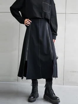 Siyah Düzensiz Yüksek Bel Etek Kadın Yeni Eklenmiş Bölünmüş Fermuar Gevşek Casual Midi Etekler moda Giyim İlkbahar Sonbahar 2022