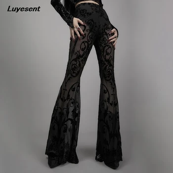 Siyah Gotik Bayan Seksi Şeffaf Uzun Flare Pantolon Yaz Örgü Çiçek Kadınlar Koyu Goth Sokak Pantolon See Through Seksi Pantolon