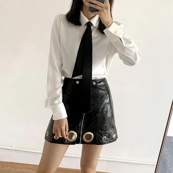 Siyah Kravat Kadınlarla Kol Bluz Ofis Bayanlar moda Beyaz Uzun Workwear Gömlek Bahar Sonbahar kore Kalın Şifon Elbise