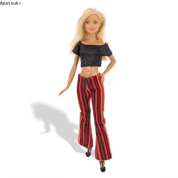 Siyah Kırmızı Moda Giyim Seti barbie bebek Kıyafetler 1/6 Bebek Aksesuarları Barbie T-shirt Şerit Geniş Bacak Pantolon Oyuncaklar 1:6