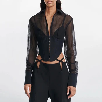Siyah Örgü Hem Kılçık Bel kadın Bluz 2023 İlkbahar Ve Yaz Yeni Seksi Basit Moda Çok Yönlü Y2k Gömlek Tops