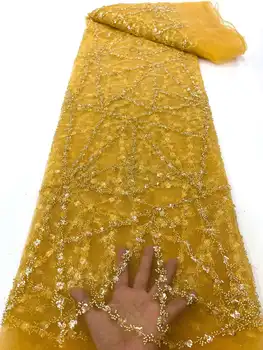 Son Yüksek Kalite Sarı Zarif El Afrika Payetler Tüp Dantel Sürü Boncuk Kumaş düğün elbisesi