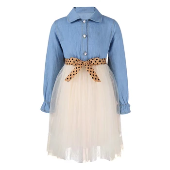 Sonbahar Kış Bebek Kız Denim Elbise Çocuklar Prenses Tutu Elbiseler Uzun Kollu Yaka Düğmesi Patchwork Tarzı Tül Elbise 1-8 yıl