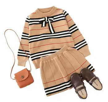 Sonbahar Şerit Örgü Çocuk Setleri İki Adet Pamuk Kız giyim setleri Moda Kız Elbise Takım Elbise Rahat Kazak + Etek Out