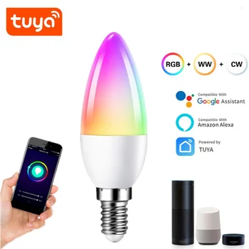 Sonra Tuya Wifi Akıllı LED Ampuller C37 5W İşık Lambası Spot RGBCW Kısılabilir Uzaktan Kumanda Google Alexa Ev Lampara
