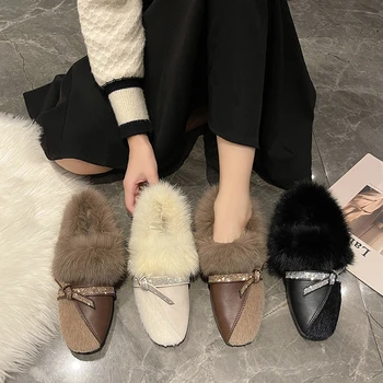 Su Elmas İlmek Yün ayakkabı Kadınlar için Giymek için Kış 2022 Yeni Kış Peluş Kayma kadın Kare Kafa düz ayakkabı