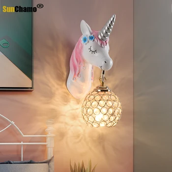 Sunchamo karikatür çocuklar bebek duvar asılı ışık LED reçine Unicorn lamba AC220V mavi pembe prenses kız yatak odası ev dekorasyon