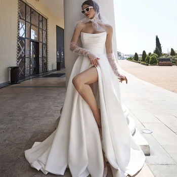 Sweertheart düğün elbisesi Saten Yan Yarık Basit gelinlikler Custom Made Zarif Kadınlar İçin Robe De Mariee Kat Uzunluk Sivil