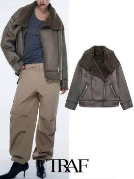 TRAF 2023 Moda Eğlence Moda Yeni Geri Dönüşümlü Rahat Standı Yaka Ceket Etkisi Yaka Sonbahar Kış Uzun Kollu Ceket