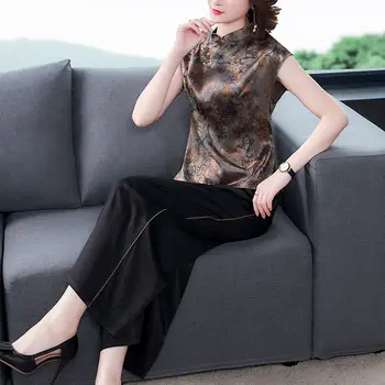 Tang Takım Elbise Kadın 2022 Yeni Yaz Orta Yaşlı anneler Retro Çin Tarzı İpek Kısa Kollu üst Ve Pantolon İki Parçalı Set H178