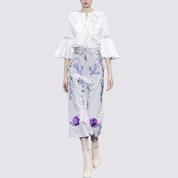 Tasarımcı Yeni Bahar Sonbahar Kadın Setleri Beyaz Moda Gömlek Tops Nakış Muhteşem Etek Yüksek Kaliteli Ofis Zarif Parti Elbise