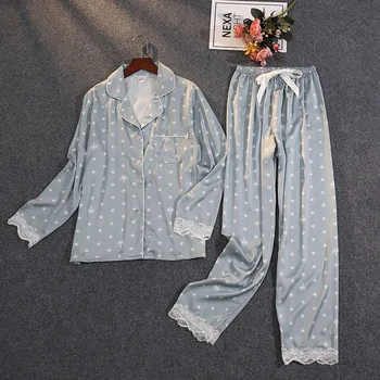 Taç Baskı Dantel Kadın Pijama Saten Şifon Uzun Kollu Pantolon Seti Pijama