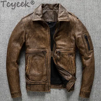 Tcyeek Vintage Hakiki Deri Ceket Erkekler Kısa Ince Inek Deri Ceket erkek giyim Bahar Sonbahar Sıkıntı Ceketler Veste Homme