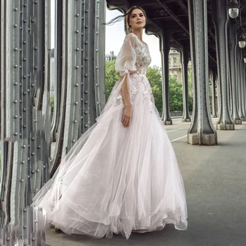Thinyfull Prenses İnciler Kabarık Kollu Gelinlik Scoop Bir Çizgi Gelin Elbiseler Tül Düğme Dantel Aplikler gelin kıyafeti 2020