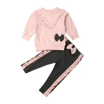 Toddler Kız Giysileri 2 ADET Bebek Kız Kıyafet Fırfır İlmek Kazak + Pantolon Yürüyor Çocuk Giyim Seti Boyutu 0-4Y