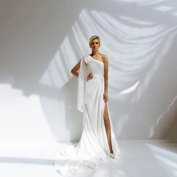 UETEEY Bir Omuz Yay düğün elbisesi A-Line Saten Kolsuz Yan Yarık Fermuar Geri Sweep Tren 2021 gelin kıyafeti Vestido De Noiva