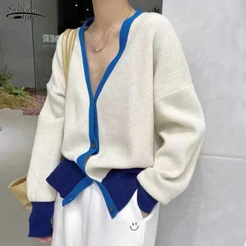V Yaka Örme Hırka Kadın Kazak Kore Sonbahar Moda Gevşek Rahat Renk Patchwork Kazak Zarif Ceket Çekin Femme 17933
