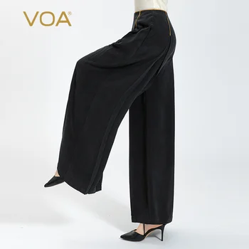 VOA Basit Sıkıntılı Siyah Ipek Pantolon Ofis Bayanlar Gevşek Üç Boyutlu Kıvrımlar Gevşek Gotik Geniş Bacak Pantolon Sonbahar KE627