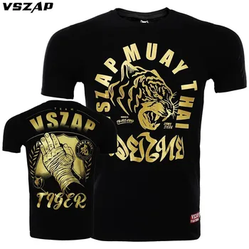 VSZAP Tiger Muay Thai Sıkıştırma Kısa Kollu Spor Eğitimi MMA Boks Bronzlaşmaya Spor Boks pamuklu tişört Erkek Yaz