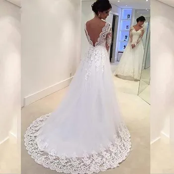 Vestido De Noiva Seksi V Boyun Uzun Kollu Bir Çizgi düğün elbisesi 2021 Ucuz Robe De Mariage Custom Made Gelinlikler