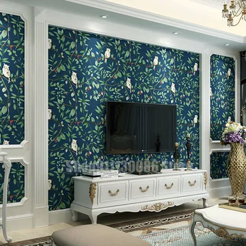 Vintage Koyu Mavi Duvar Kağıtları Kuş Çiçek Desen Oturma odası arka plan duvar çıkartmaları Mobilya Dekoratif diy ev dekoru