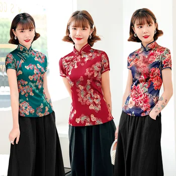 Vintage Çin Mandarin Yaka Tang Gömlek Kadın Geleneksel Üst Çiçek Baskı Performansı Giyim El Düğmesi Saten Bluz