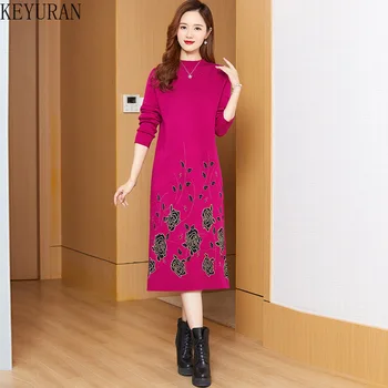 Vintage Çiçekli Jakarlı Örme Kazak Elbise Kadın Sonbahar Kış Zarif Uzun Kollu Gevşek Over-The-Diz Elbiseler Kadınlar için 2022