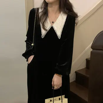 WDMSNA Kore Sonbahar Vintage Puf Kollu Elbise Çift Katmanlı Yaka Splice Dantel Kanca Çiçek Vestidos Ince Bel Kadife Kadın Elbise