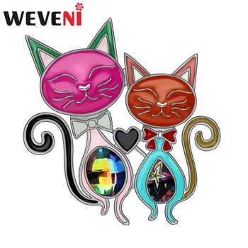 WEVENI Alaşım Emaye Zarif Çift Kedi Broş Elbise Eşarp Pin Sevimli Moda hayvan figürlü mücevherat Için Kadın Kız Hediye Aksesuarları