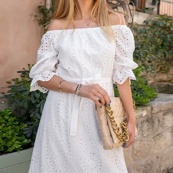 Wepbel Beyaz Maxi Elbise Kısa Kollu Off-Omuz dantel kesik dekolte Dikiş Dantel-up Elbise Kadınlar için Yüksek Bel yaz elbisesi