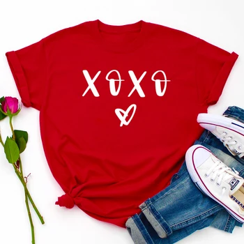 XOXO Kalp Baskı T-shirt Komik Kadın sevgililer Günü Hediyesi Tshirt Sevimli 90s Çiftler Grunge Grafik Pamuk Tees Tops Damla nakliye