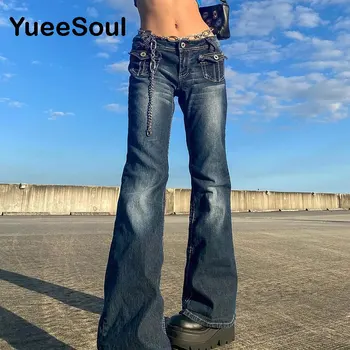 Y2K Vintage Low Rise Flare Kot Cepler ile Indie Streetwear Tam Boy Mavi Kot Pantolon Sonbahar Retro Pantolon Şık