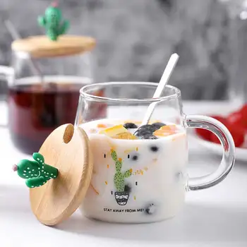 Yaratıcı Kaktüs Çilek Ananas Cam Bardak Şeffaf süt kapaklı bardak ve Kaşık Ev Ofis Kahve Suyu su kupası Drinkware