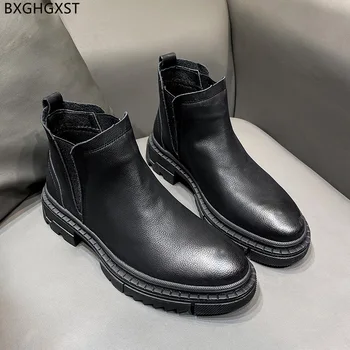 Yarım çizmeler Moda Siyah Chelsea Çizmeler Erkekler Tasarımcı Erkekler rahat ayakkabılar Yuvarlak Ayak Deri Çizmeler Erkekler için Erkek 2022 Chaussure Homme