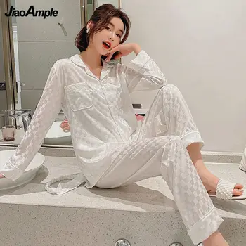 Yaz Buz İpek Pijama Kadın 2022 İlkbahar Sonbahar Yeni Uzun kollu Pantolon Pijama İki parçalı Kore Moda Ekose Pijama