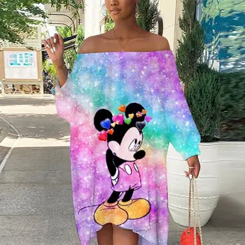 Yaz Elbiseler Kadın 2022 Mickey Kadınlar için Zarif Elbiseler Elbise Disney Straplez Moda Slash Boyun Minnie Mouse parti giysileri