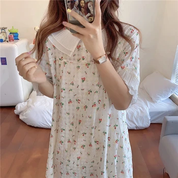 Yaz Gecelik Pijama Pamuk Hat Çiçek Kawaii Tatlı Uzun Midi Elbise Ev Tekstili Gevşek O-Boyun Gecelikleri Kore Fırfır 
