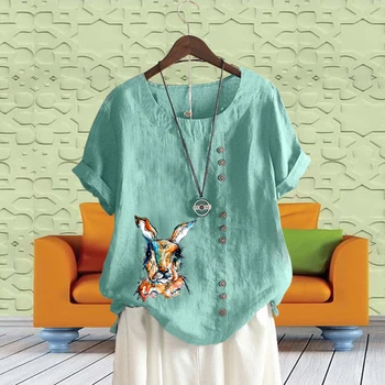 Yaz Kadın Eğlence Bluz Moda Karikatür Hayvan Baskılı bol tişört Vintage Keten Katı Yuvarlak Boyun Kısa Kollu Üst XS-5XL