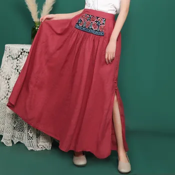 Yaz Kadın Keten Pamuk Uzun Etekler Elastik Yüksek Bel Pilili Rahat Zarif Vintage Enthic Nakış Maxi Etekler Artı Boyutu
